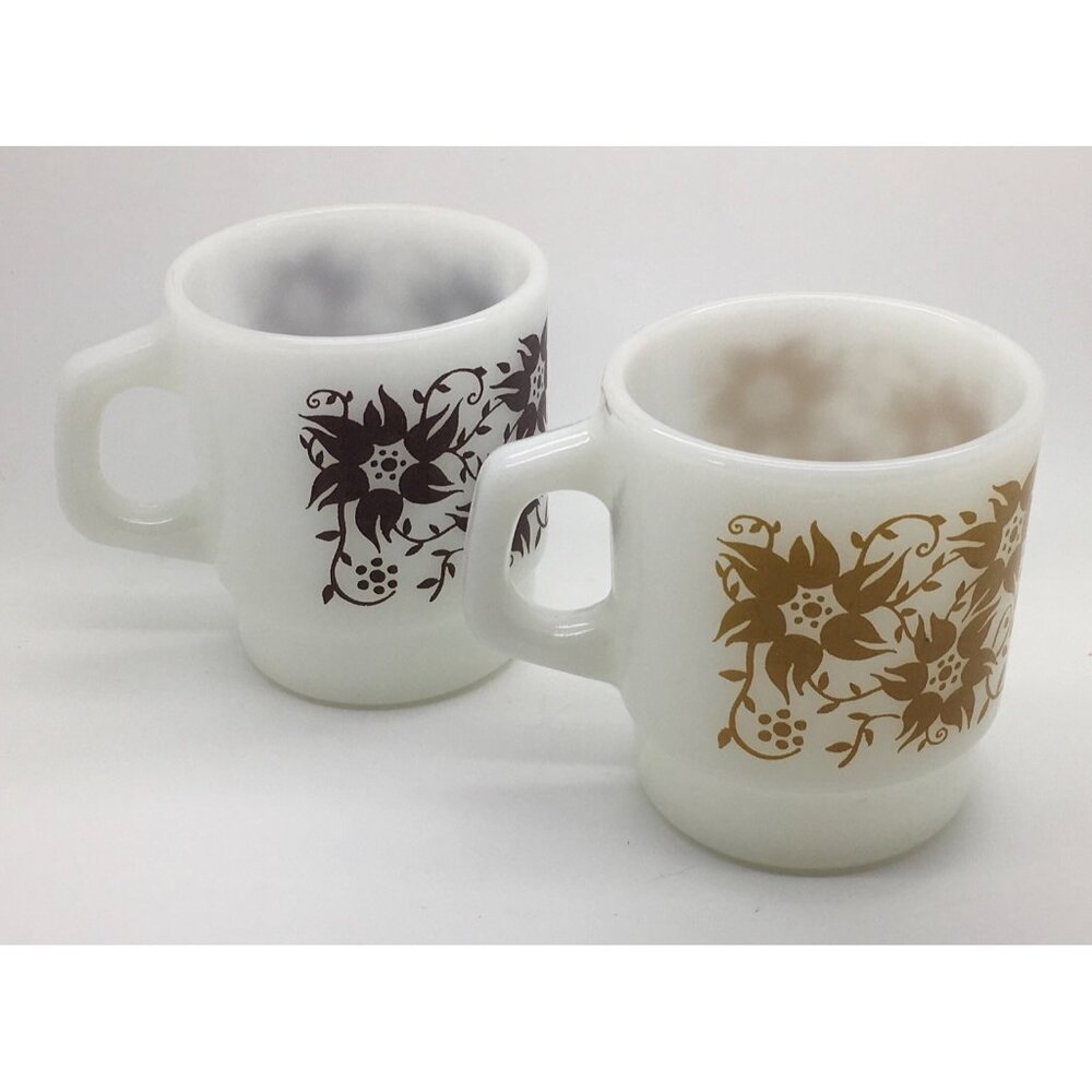 Fire King Anchor Hocking  Milk Glass Coffee Mug   Stacking  Classical Flowers